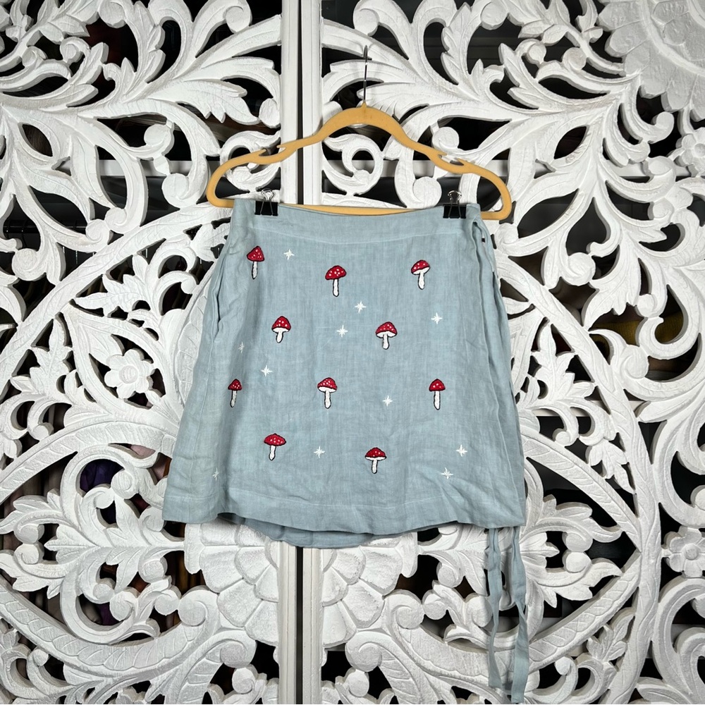 Sister Nettle Hand Embroidered Amanita Wrap Skirt - Magic Linen size Medium